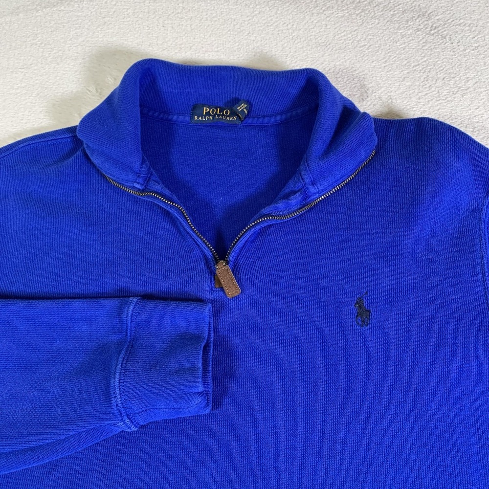 Polo Ralph Lauren Estate Rib Sweater Mens Large Blue 1/4 Zip Mock Neck Cotton